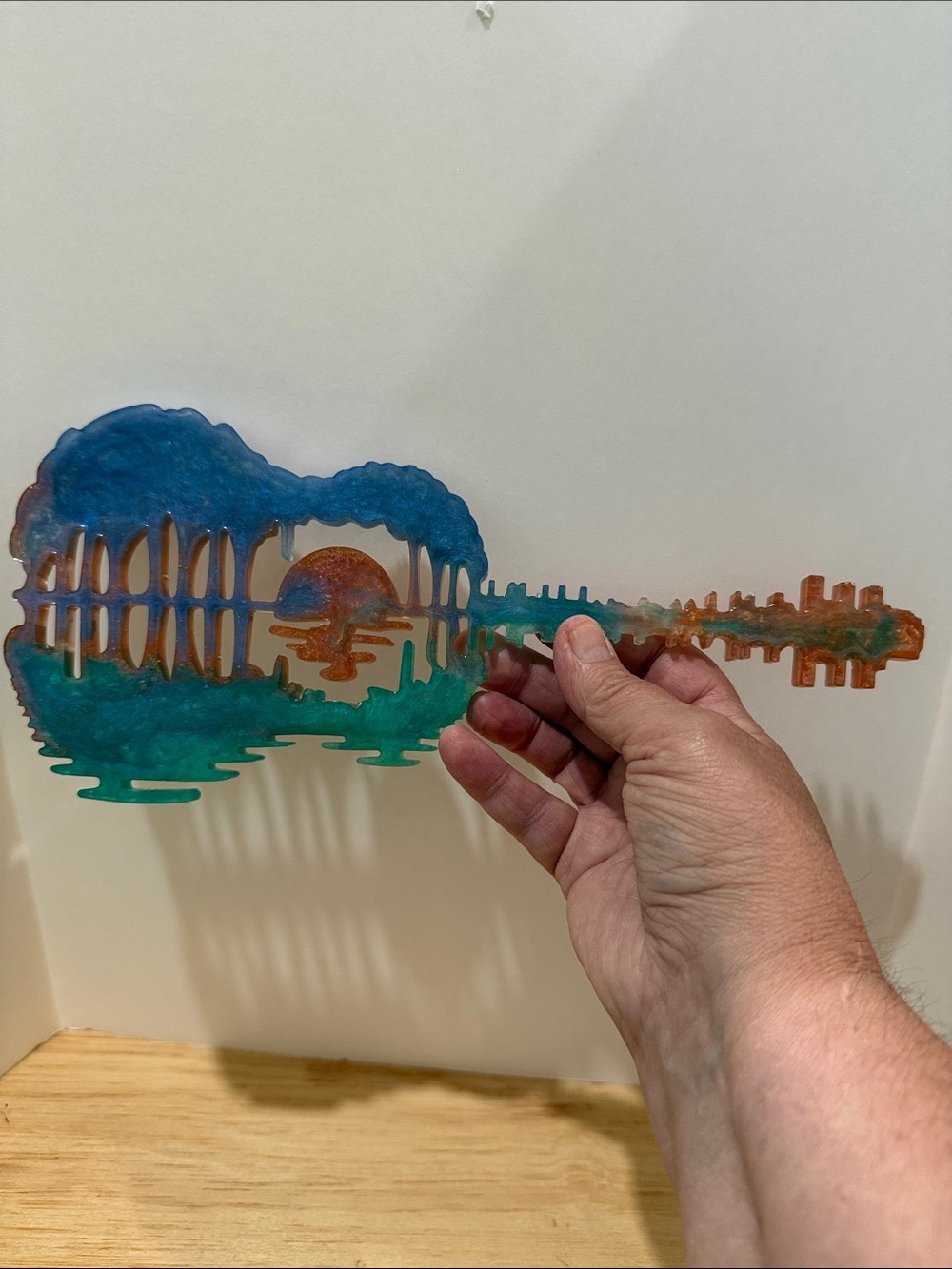 Resin Guitar Wall Sculpture in Blue, Teal, and Orange